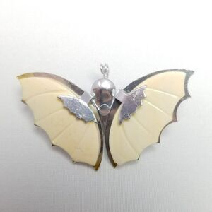 Vintage Butterfly Moth Shape Brooch, Silver Tone and Cream Color Lapel Pin